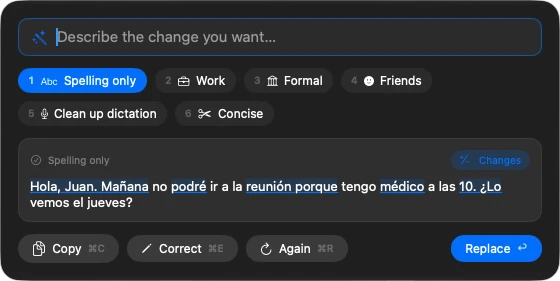 Quill's picker over a message: the field to describe a change, the six profiles and the corrected text, with the changes underlined.