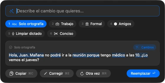 El selector de Quill sobre un mensaje: el campo para describir el cambio, los seis perfiles y el texto ya corregido, con los cambios subrayados.