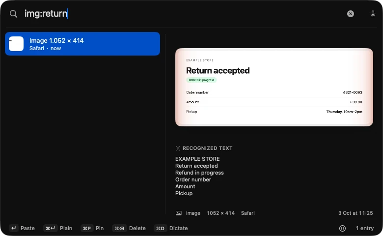 Ámbar's panel searching for “img:return”: a screenshot copied from Safari that reads “Return accepted”, with the text Ámbar recognised in it below.