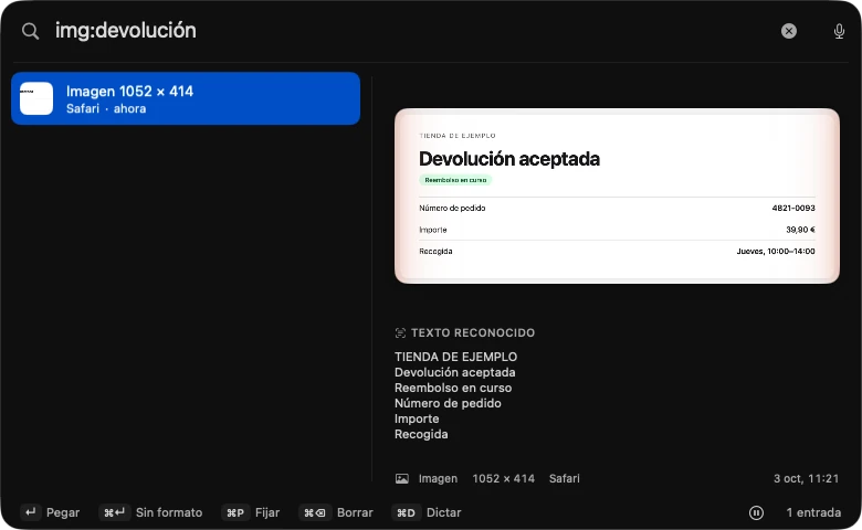 Panel de Ámbar con la búsqueda «img:devolución»: una captura copiada desde Safari que dice «Devolución aceptada» y, debajo, el texto que Ámbar ha reconocido en ella.